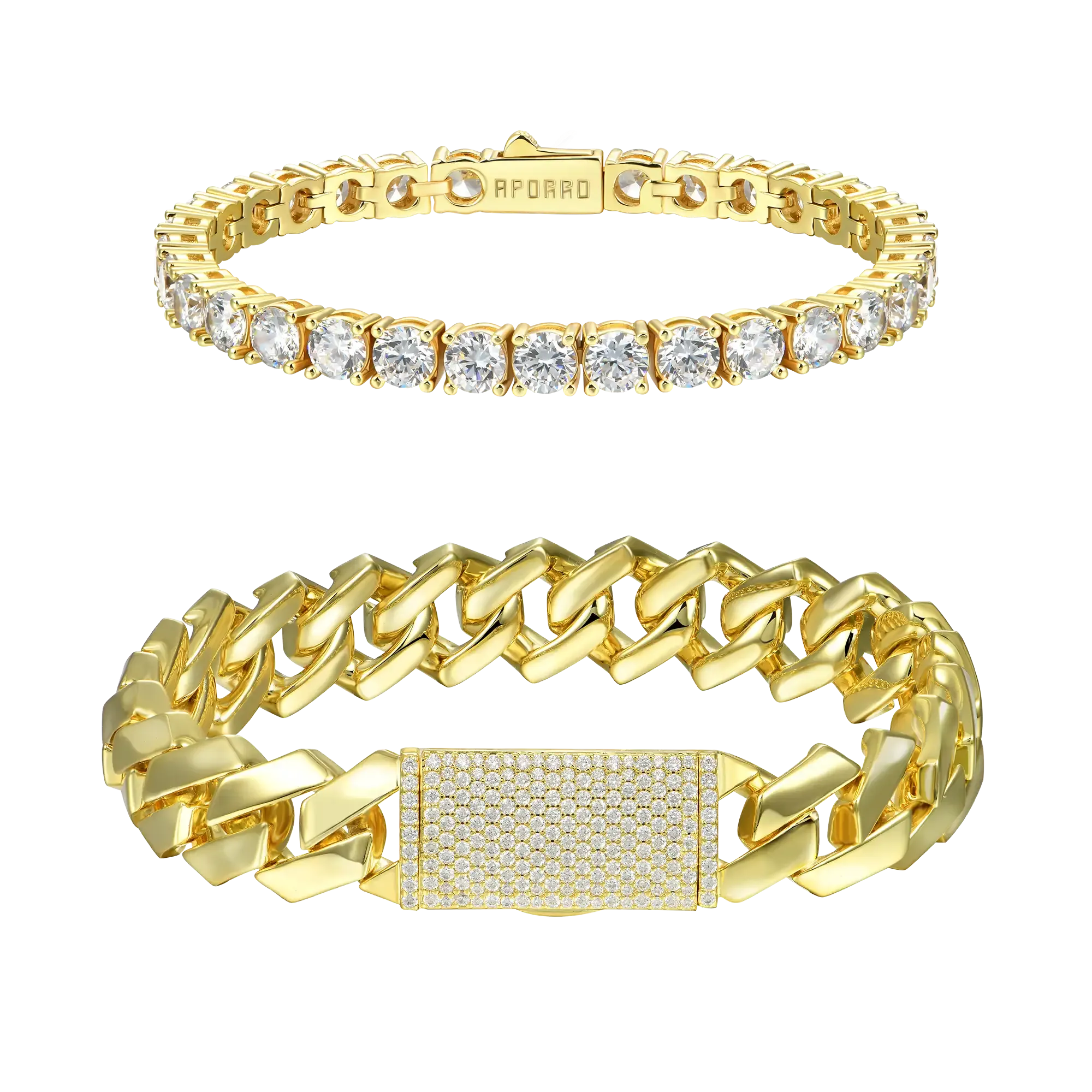 12mm Plain Gold Prong Cuban Link Bracelet + 5mm Tennis Bracelet Gift Set