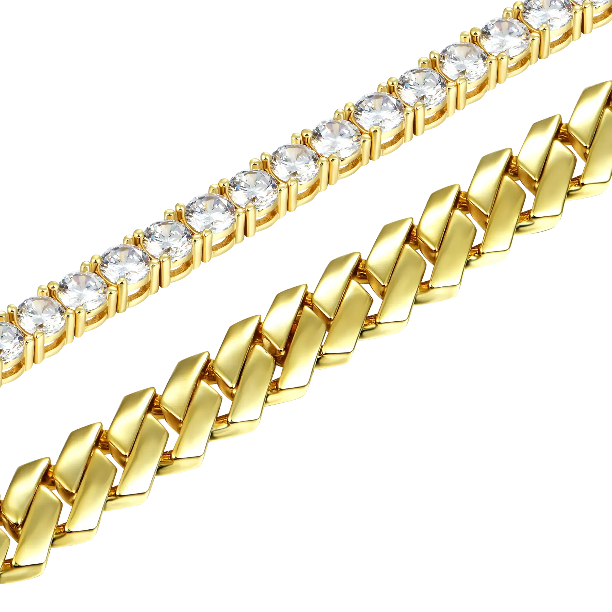 12mm Plain Gold Prong Cuban Link Bracelet + 5mm Tennis Bracelet Gift Set