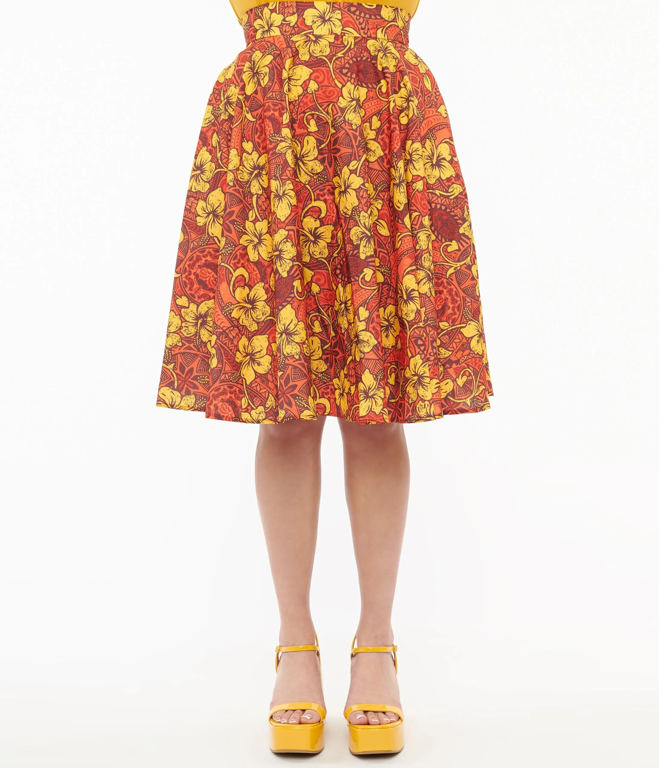 1950s Orange & Yellow Tropical Floral Mimosa Swing Skirt