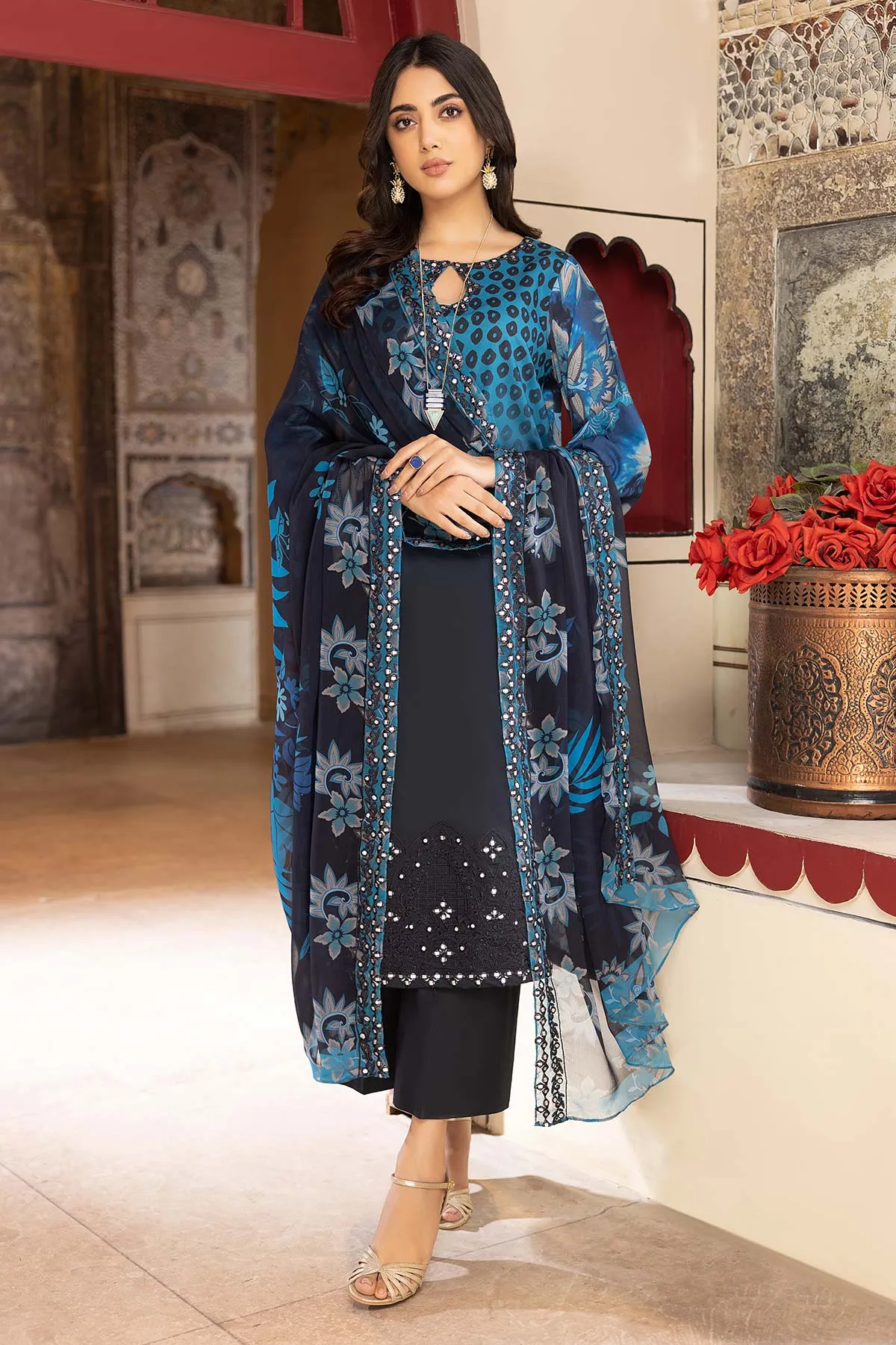 3-Pc Charizma Unstitched Lawn Suit With Embroidered Chiffon Dupatta CC23-20