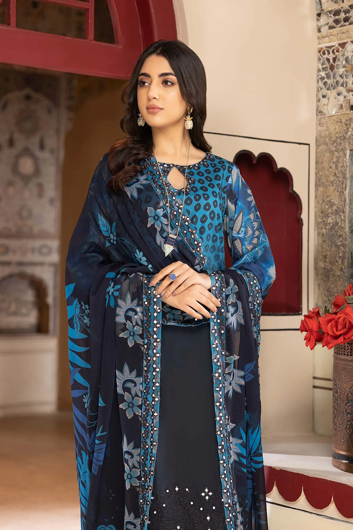 3-Pc Charizma Unstitched Lawn Suit With Embroidered Chiffon Dupatta CC23-20