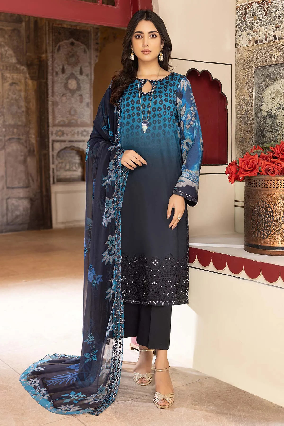 3-Pc Charizma Unstitched Lawn Suit With Embroidered Chiffon Dupatta CC23-20