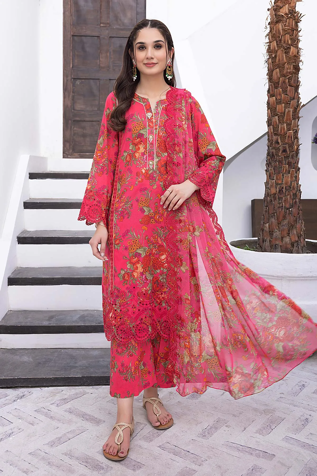 3-Pc Unstitched Printed Embroidered Lawn Suit With Embroidered Chiffon Dupatta CRB23-19