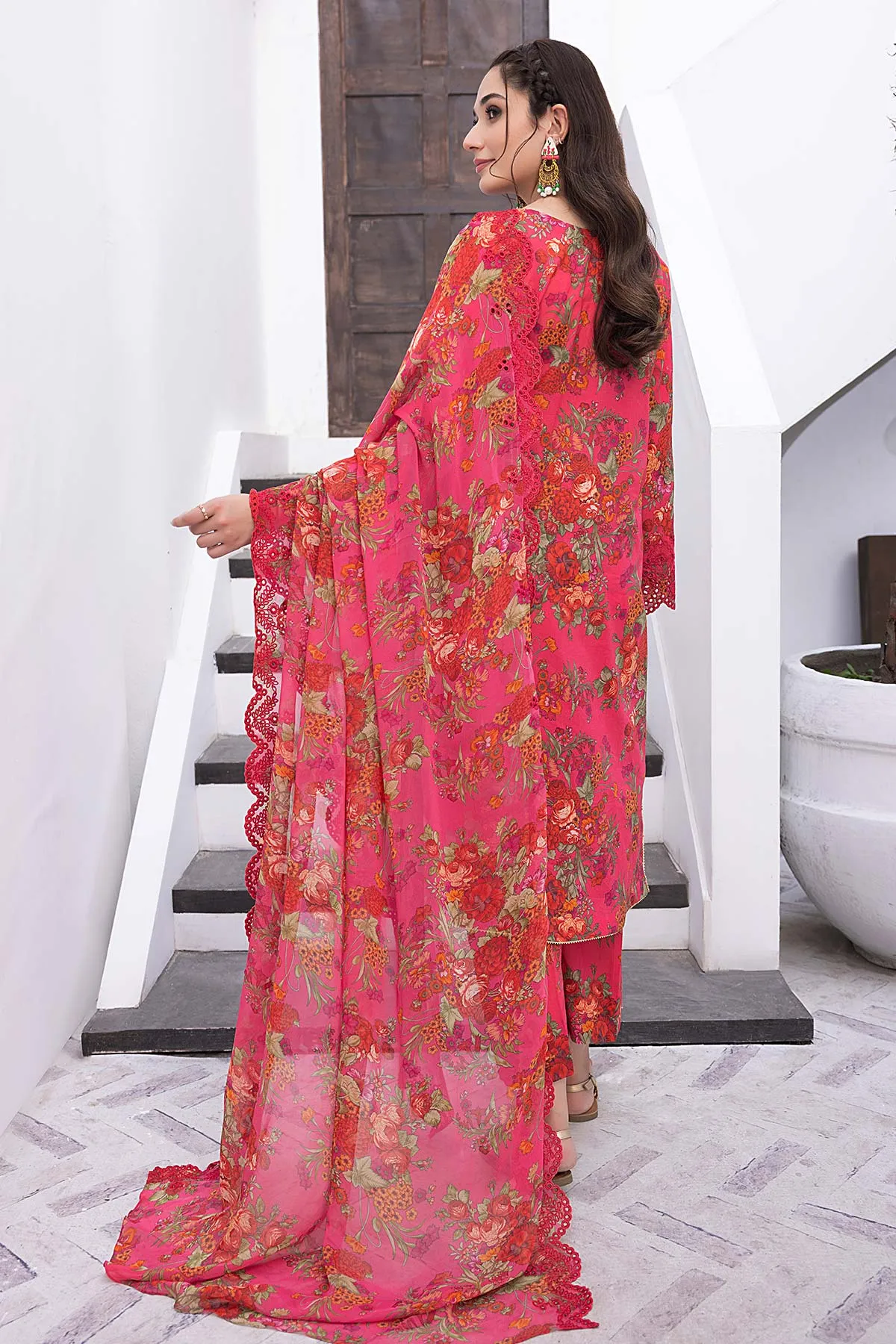 3-Pc Unstitched Printed Embroidered Lawn Suit With Embroidered Chiffon Dupatta CRB23-19