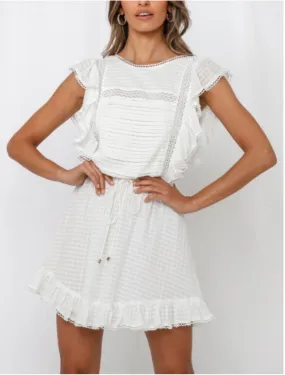 Abigail white ruffle open back self tie Dress