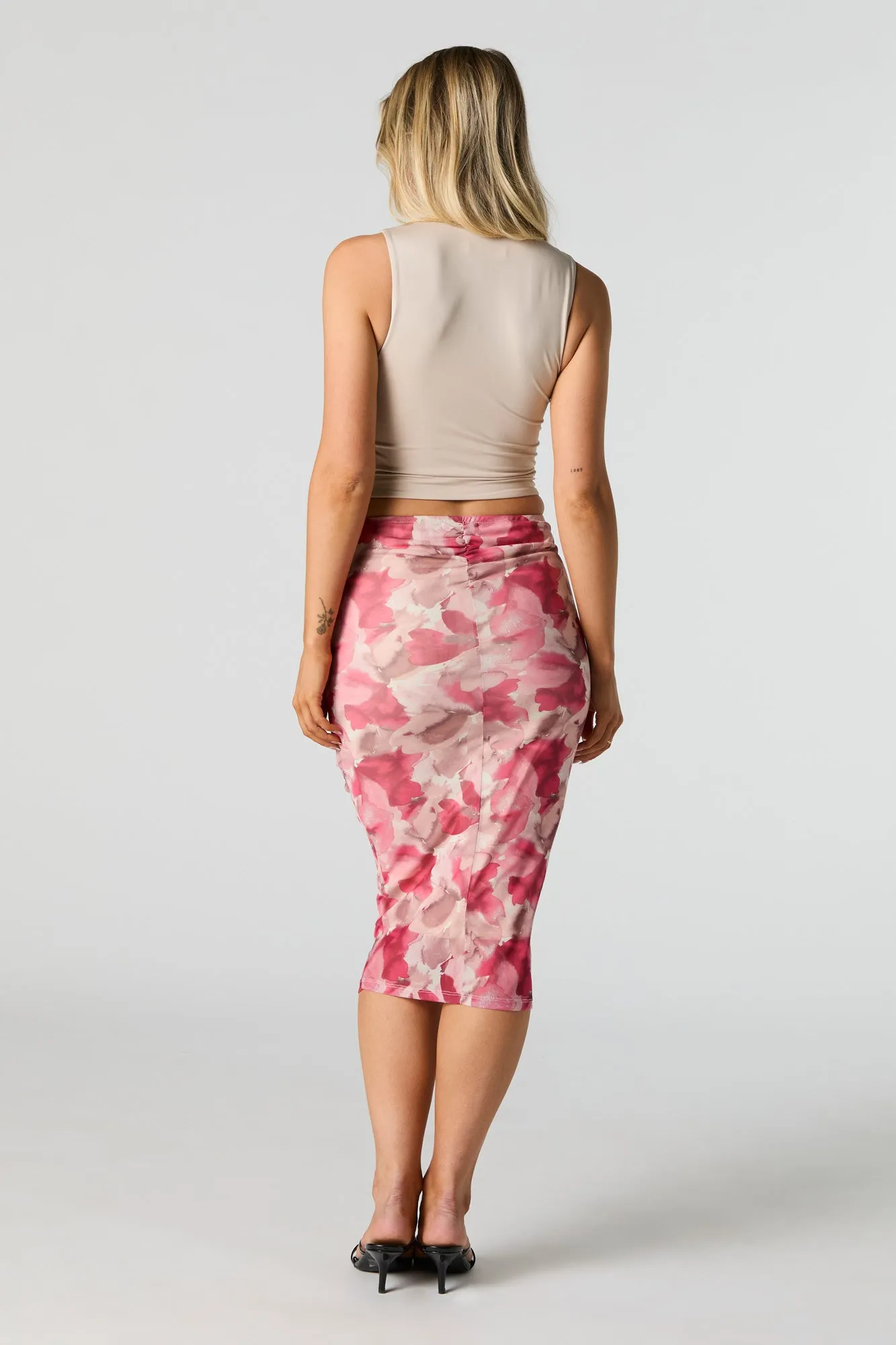 Abstract Floral Print Ruched Midi Skirt