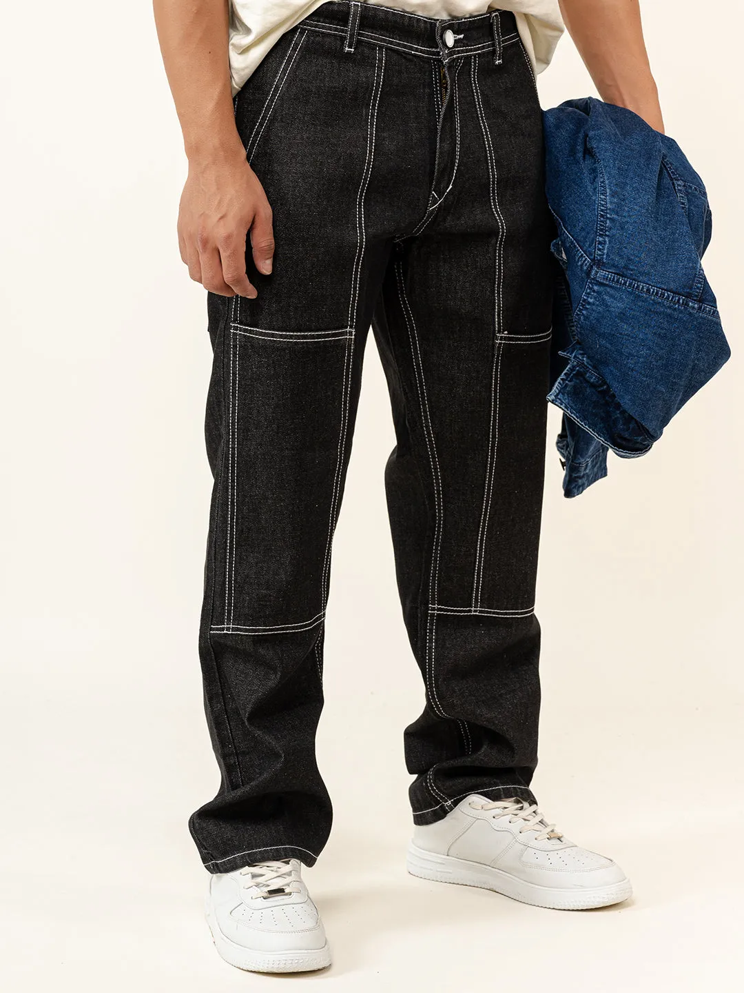 Black Flared Straight Fit Denim Cargo Jeans