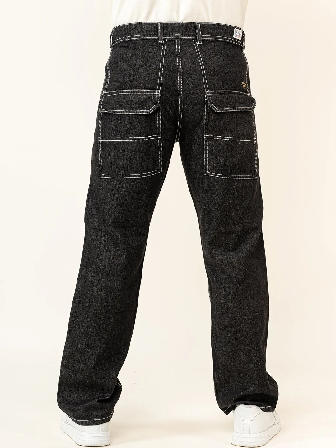 Black Flared Straight Fit Denim Cargo Jeans