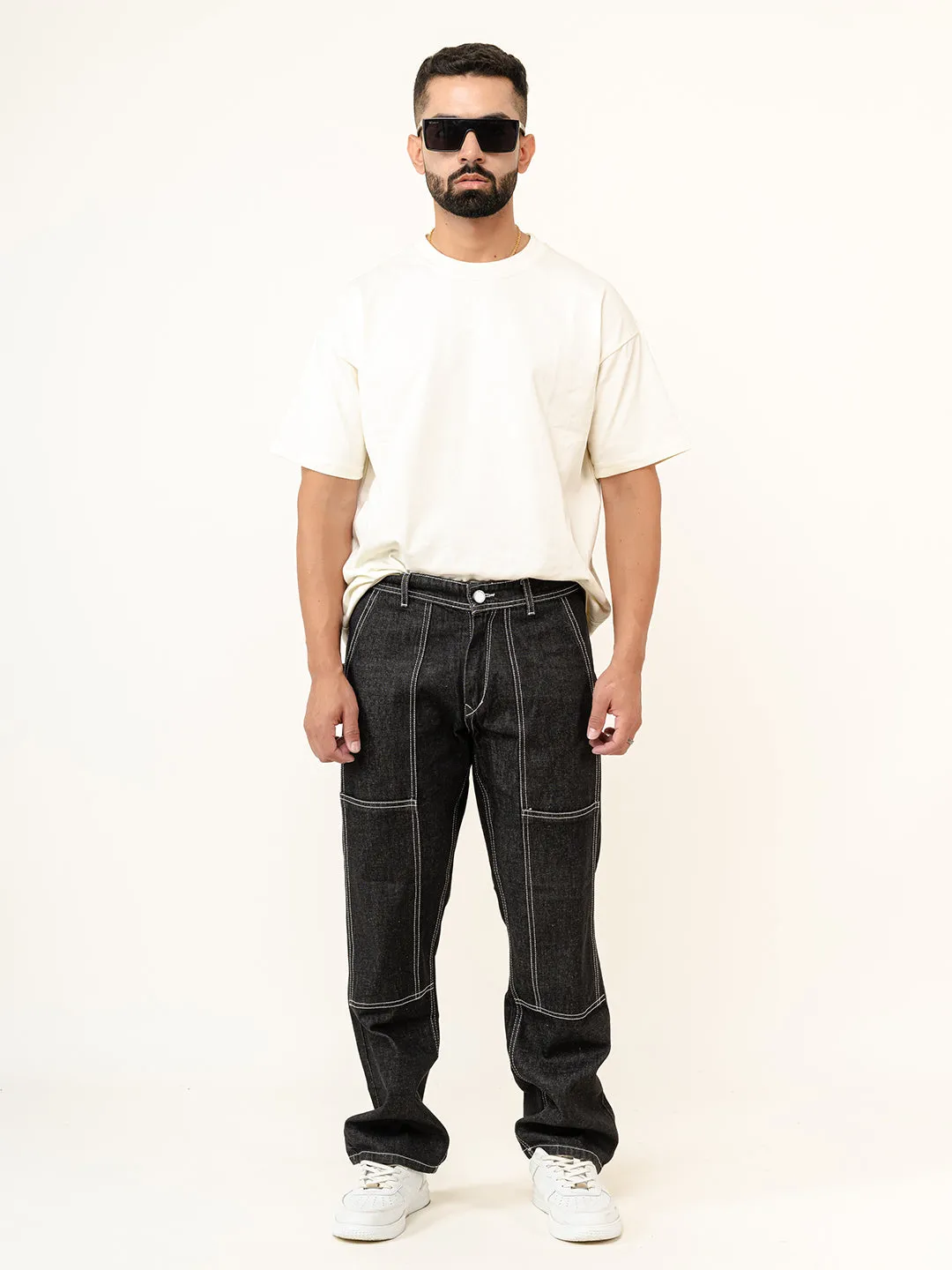 Black Flared Straight Fit Denim Cargo Jeans