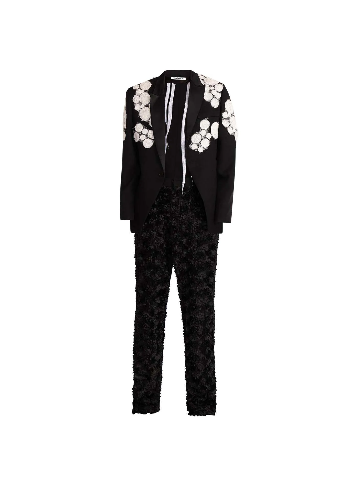 Black Tailored Blazer with White Silk Circle Appliqué