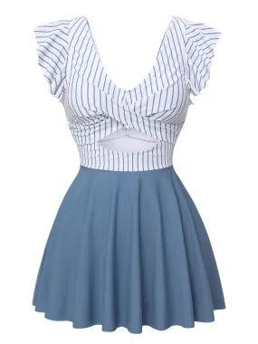 Blue 1940s Striped Patchwork Skirted Swimsuit