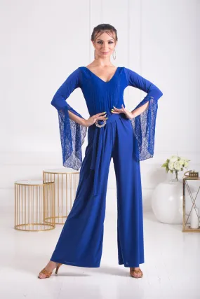 Body Positive Senga Dancewear BLUET Jumpsuit with Wide Legs, Lace Sleeves, and Belt with Elegant Buckle Sizes XL-4XL PRA 1069 in