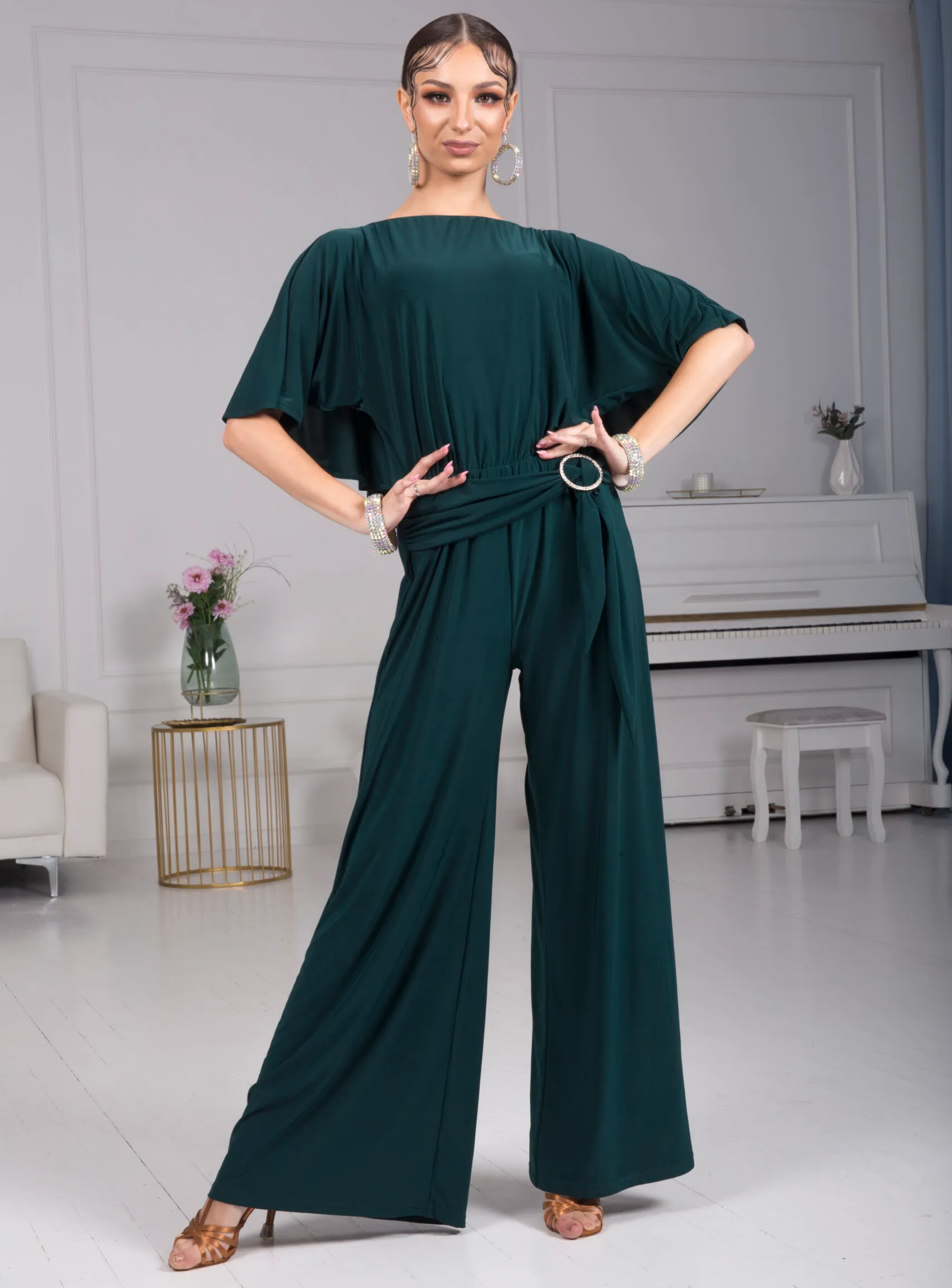 Body Positive Senga Dancewear BOLERO Bottle Green Jumpsuit with Ruffle Cape, Wide Leg Pants, and Tie Detail Sizes XL-4XL PRA 984