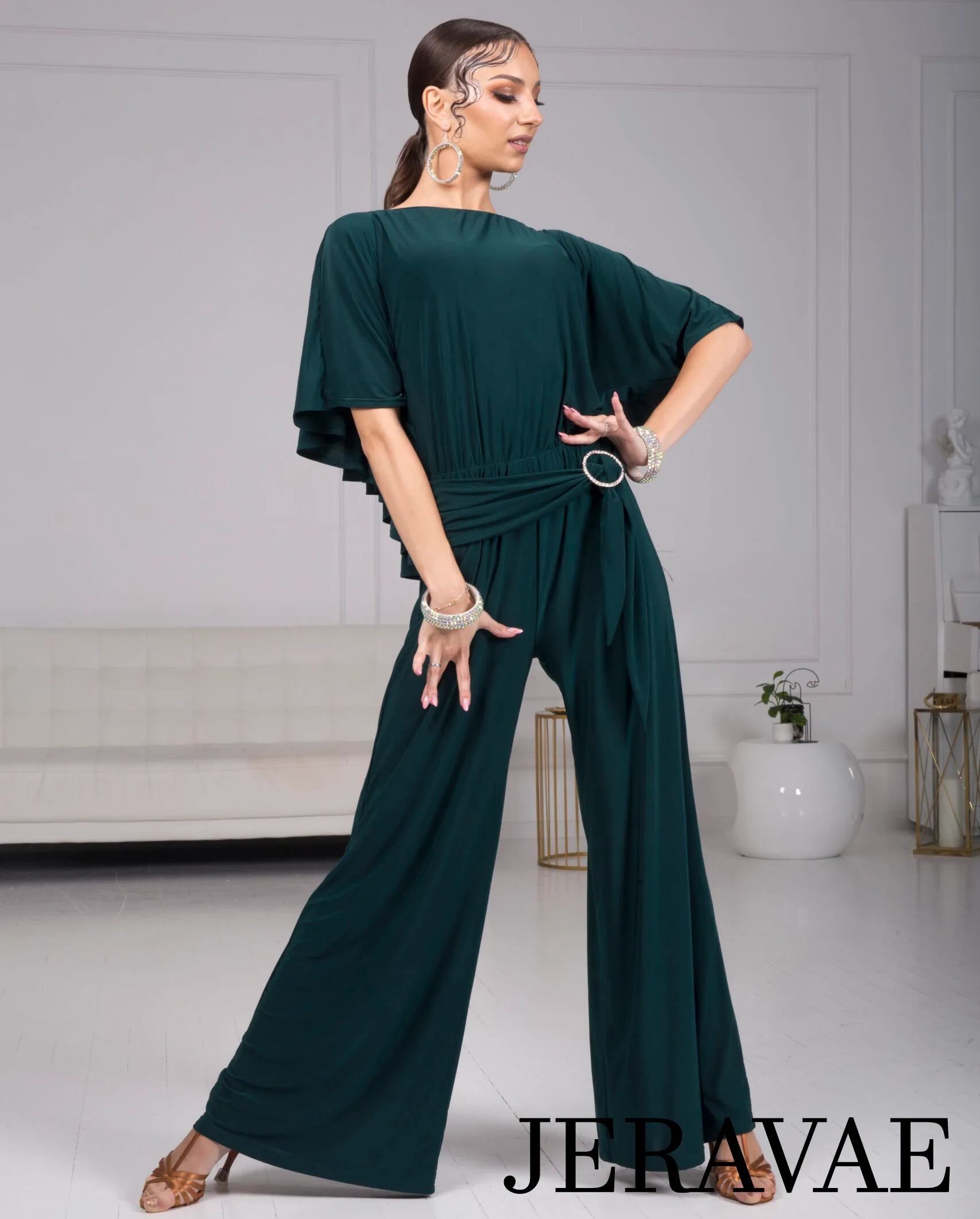 Body Positive Senga Dancewear BOLERO Bottle Green Jumpsuit with Ruffle Cape, Wide Leg Pants, and Tie Detail Sizes XL-4XL PRA 984