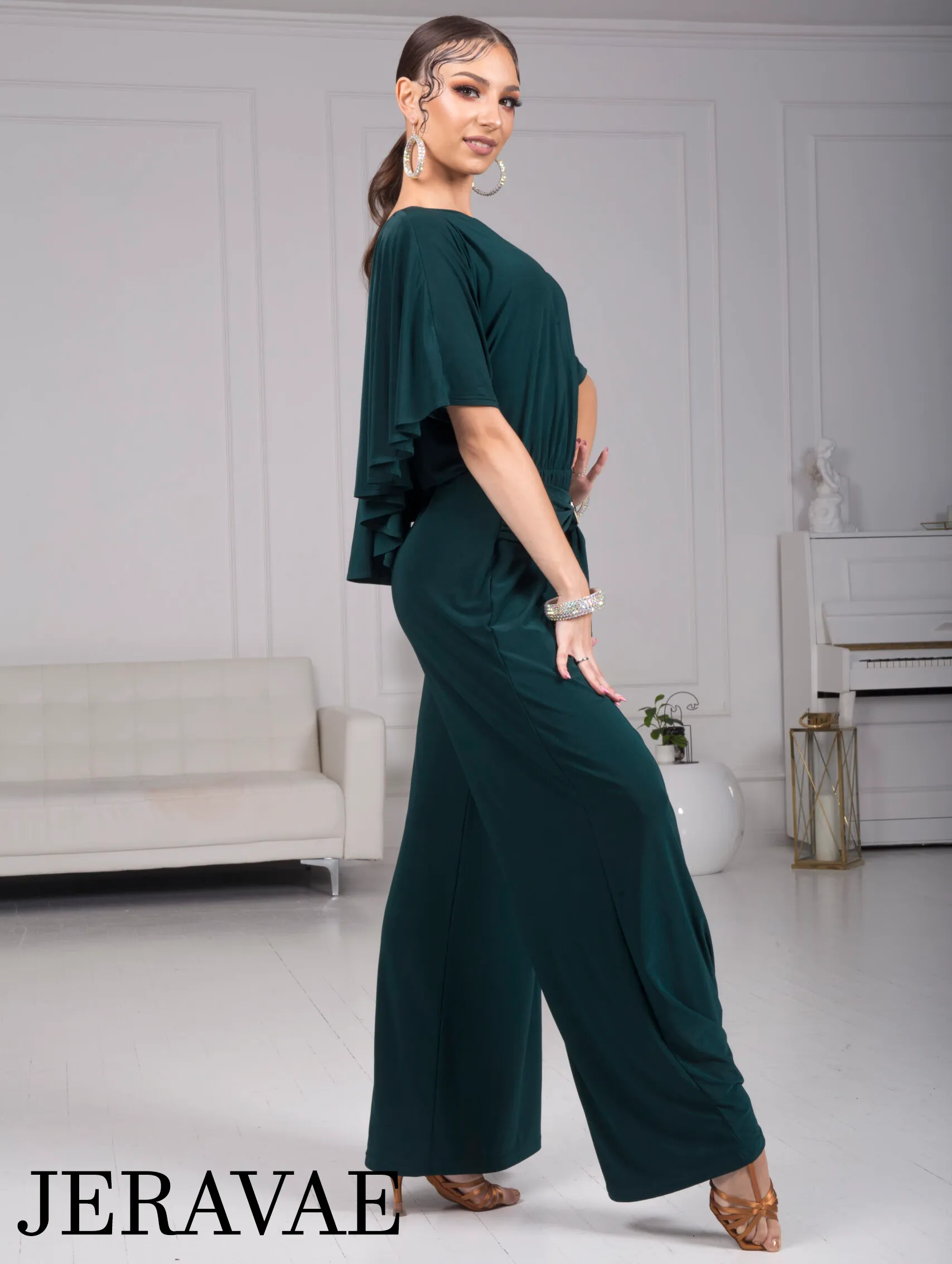 Body Positive Senga Dancewear BOLERO Bottle Green Jumpsuit with Ruffle Cape, Wide Leg Pants, and Tie Detail Sizes XL-4XL PRA 984