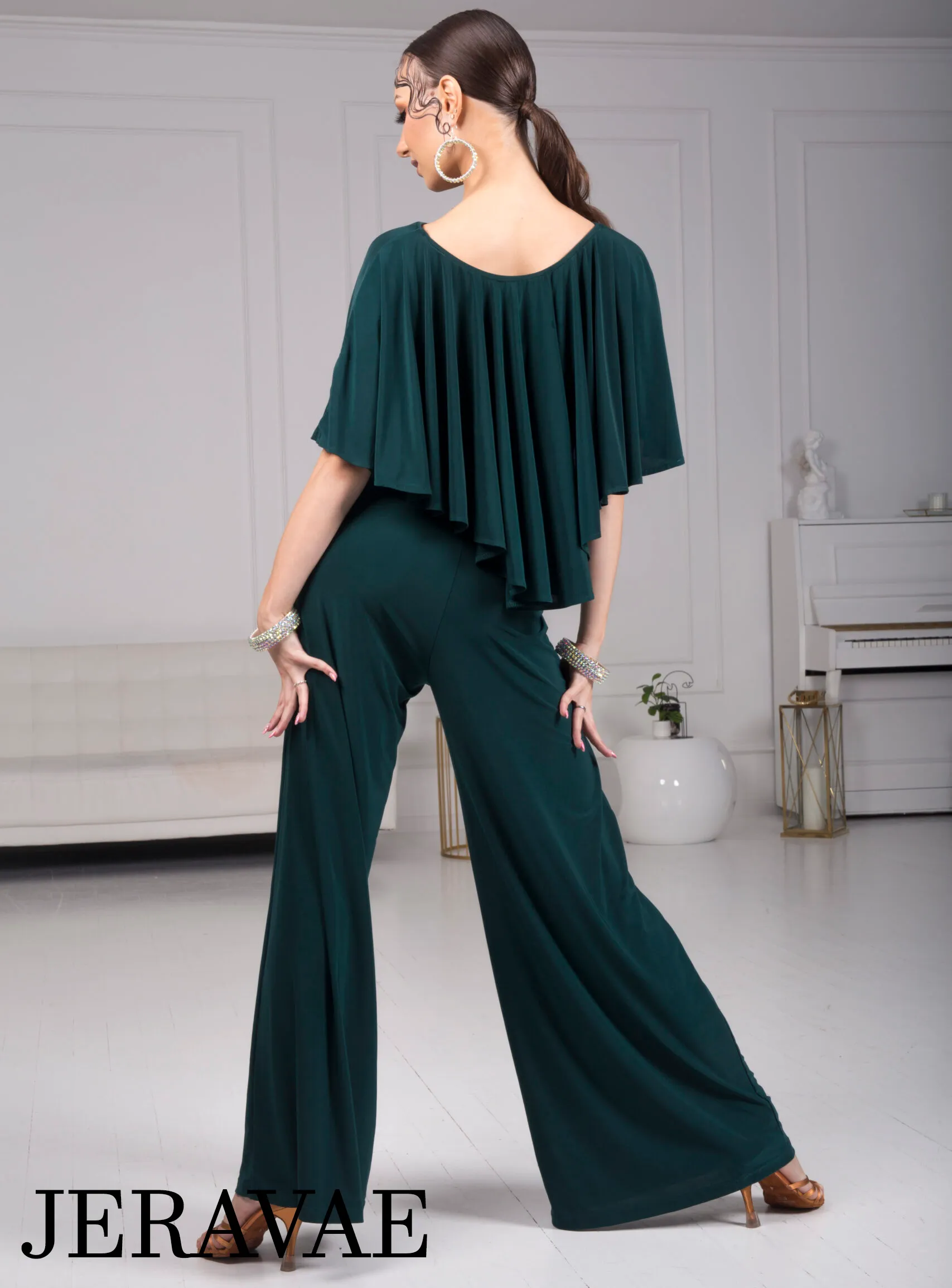 Body Positive Senga Dancewear BOLERO Bottle Green Jumpsuit with Ruffle Cape, Wide Leg Pants, and Tie Detail Sizes XL-4XL PRA 984