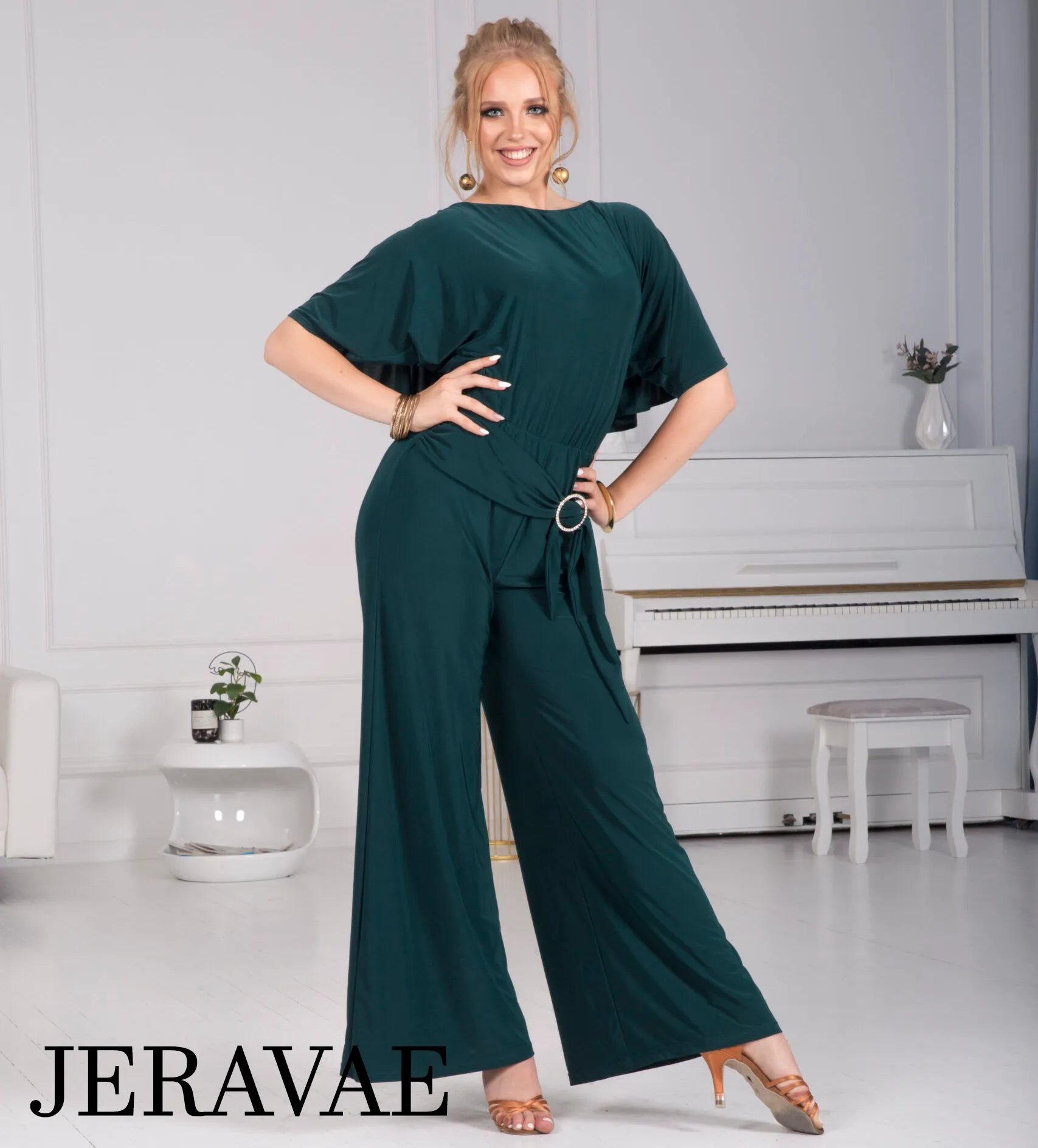 Body Positive Senga Dancewear BOLERO Bottle Green Jumpsuit with Ruffle Cape, Wide Leg Pants, and Tie Detail Sizes XL-4XL PRA 984