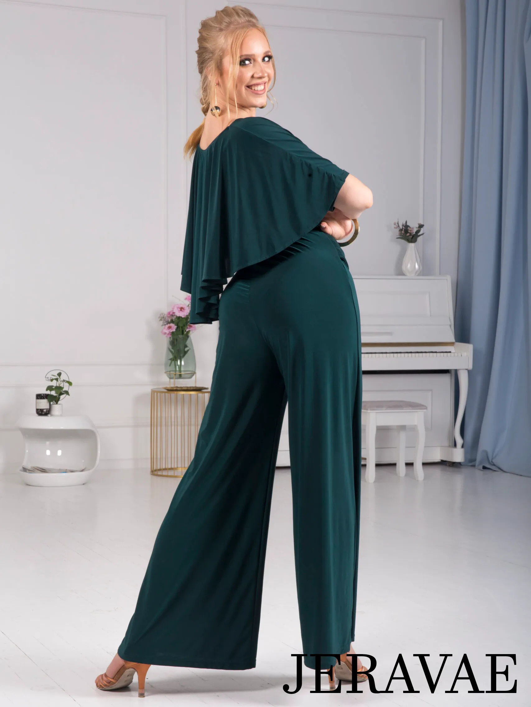 Body Positive Senga Dancewear BOLERO Bottle Green Jumpsuit with Ruffle Cape, Wide Leg Pants, and Tie Detail Sizes XL-4XL PRA 984