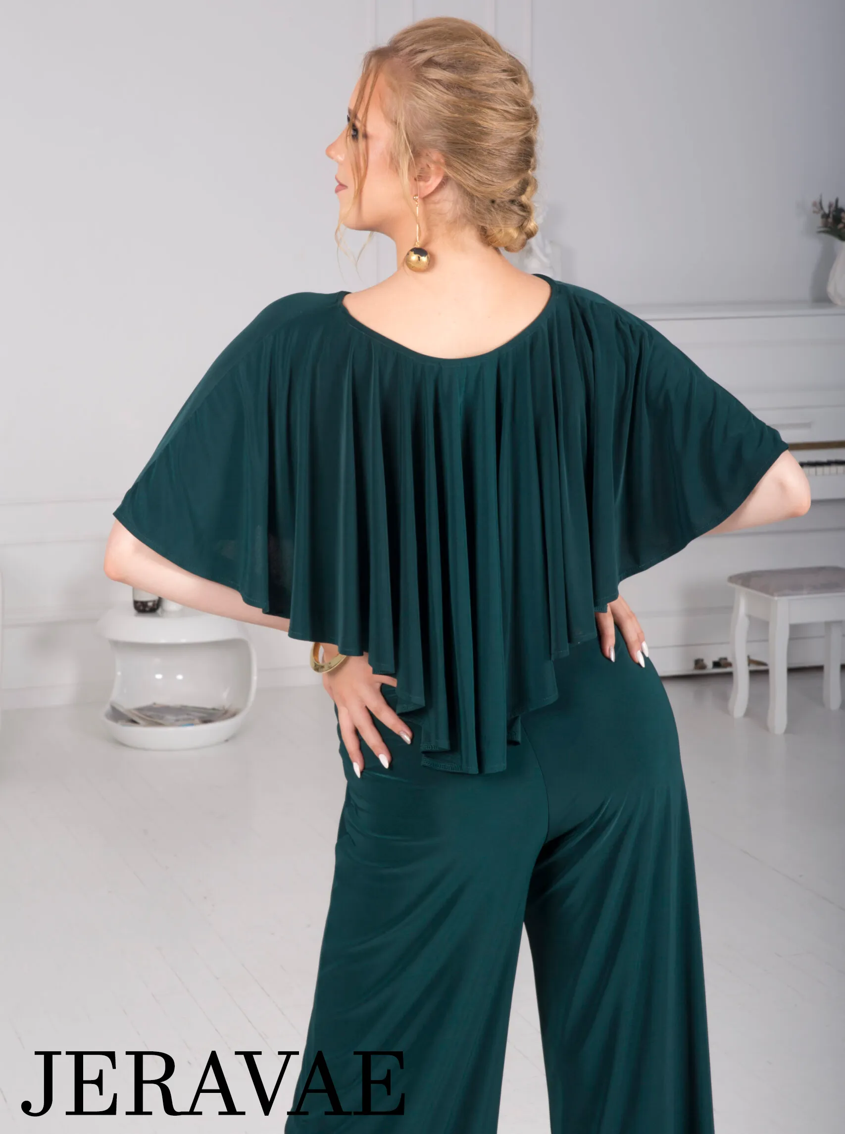 Body Positive Senga Dancewear BOLERO Bottle Green Jumpsuit with Ruffle Cape, Wide Leg Pants, and Tie Detail Sizes XL-4XL PRA 984