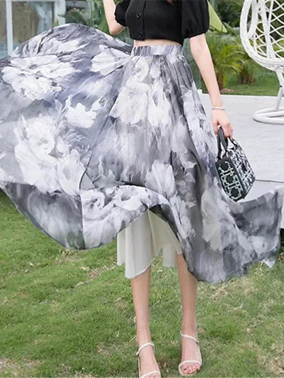 Boho Style Chiffon Floral Print Maxi Skirt for Women