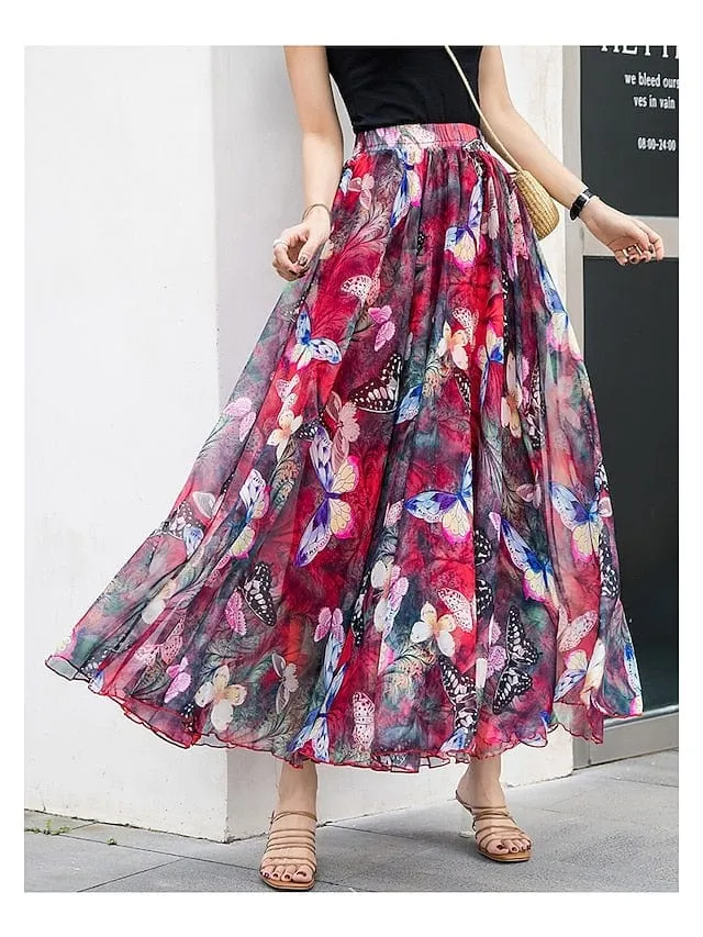 Boho Style Chiffon Floral Print Maxi Skirt for Women