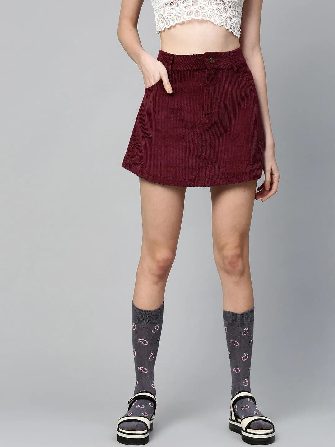 Burgundy Corduroy A-Line Mini Skirt