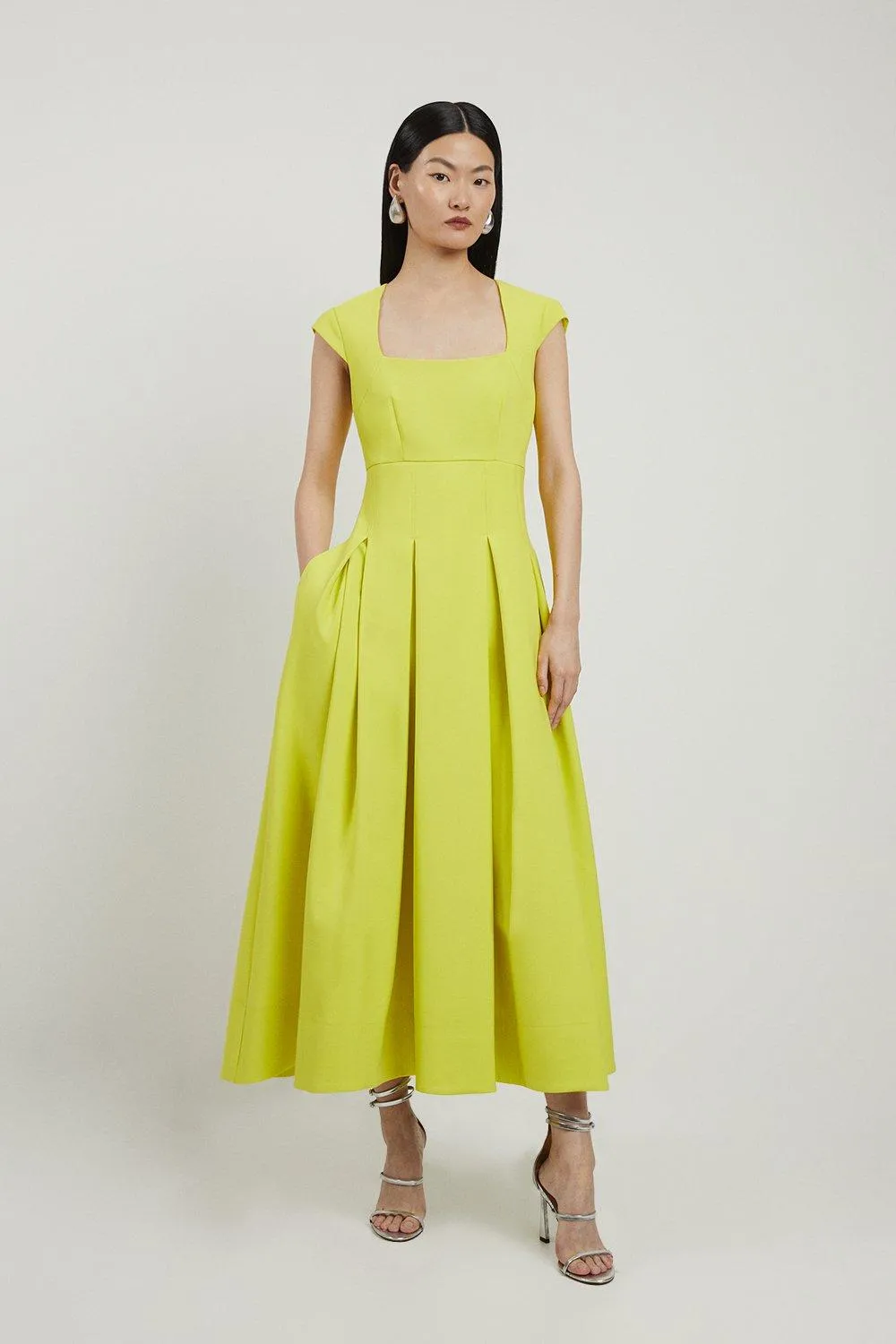 Clean Tailored Square Neck Full Skirted Midi Dress | Karen Millen