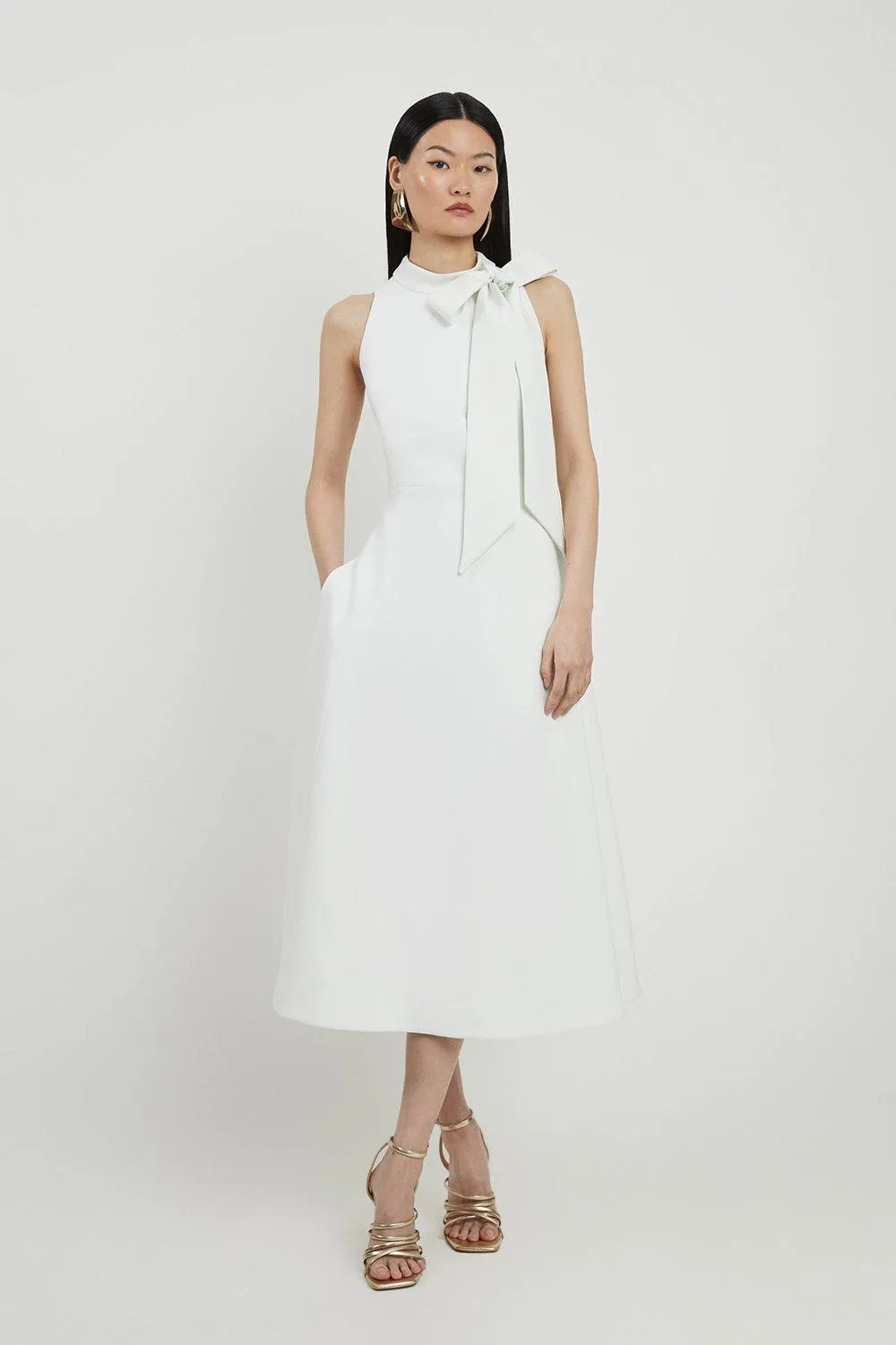 Compact Stretch Tie Neck Full Skirted Midi Dress | Karen Millen