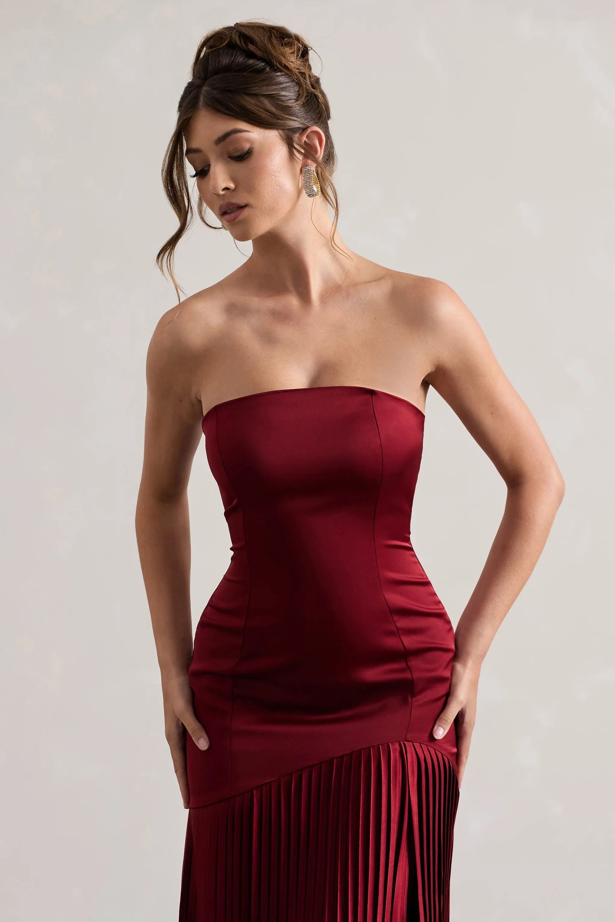 Confidence | Burgundy Satin Bandeau Pleated Split Maxi Dress