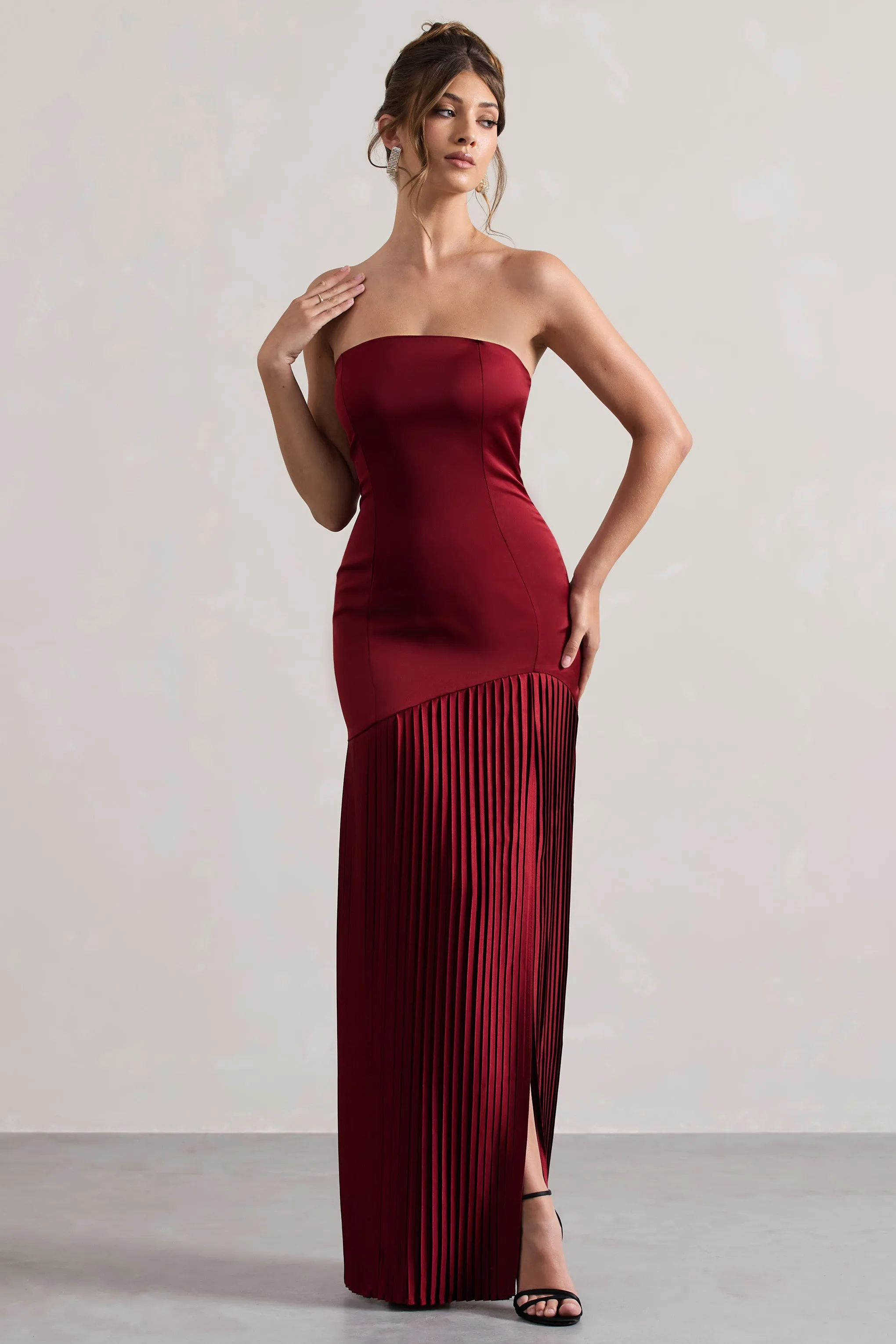 Confidence | Burgundy Satin Bandeau Pleated Split Maxi Dress