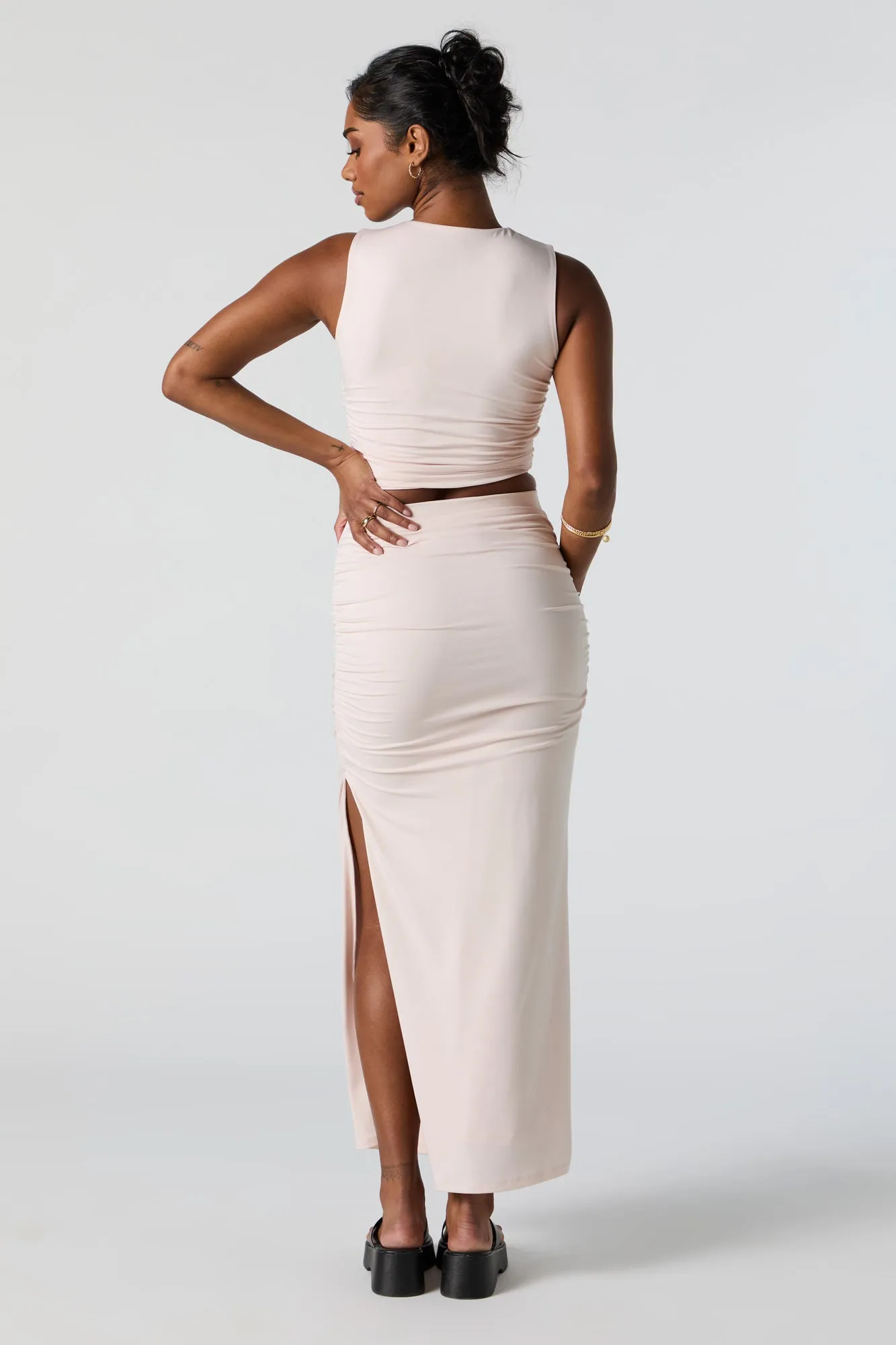 Contour Ruched Slit Midi Skirt