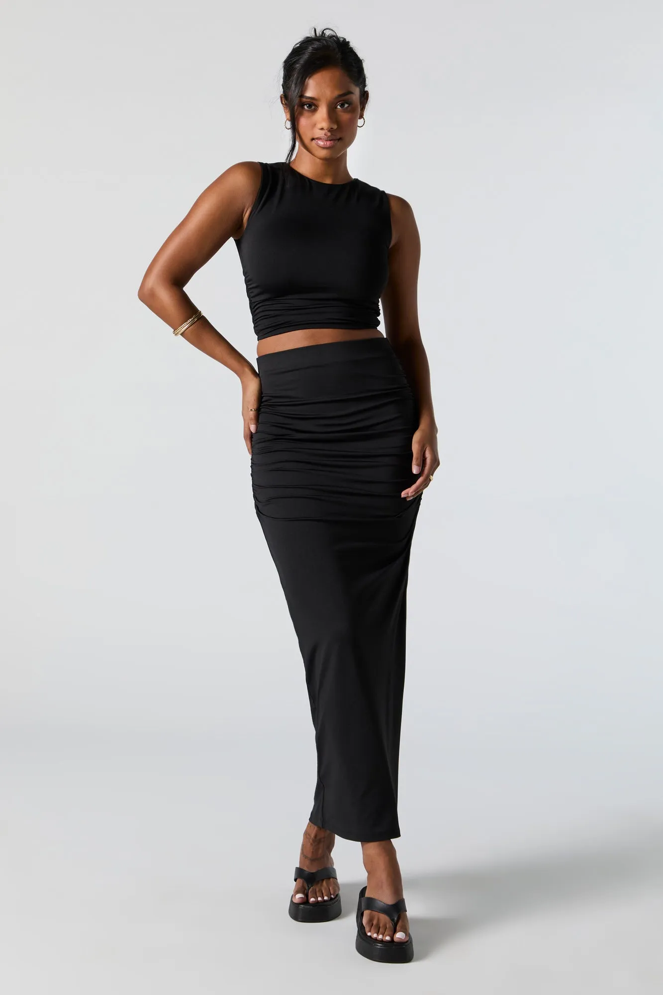 Contour Ruched Slit Midi Skirt