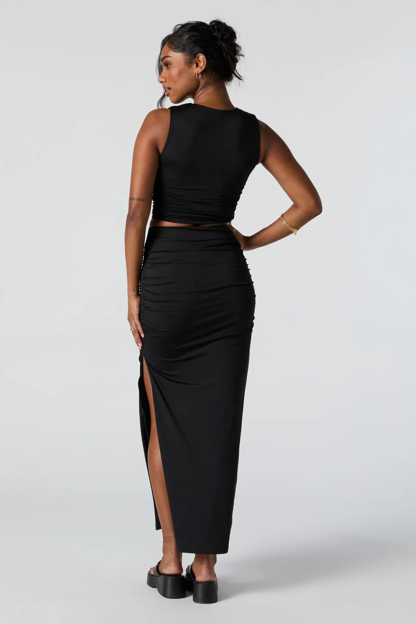 Contour Ruched Slit Midi Skirt