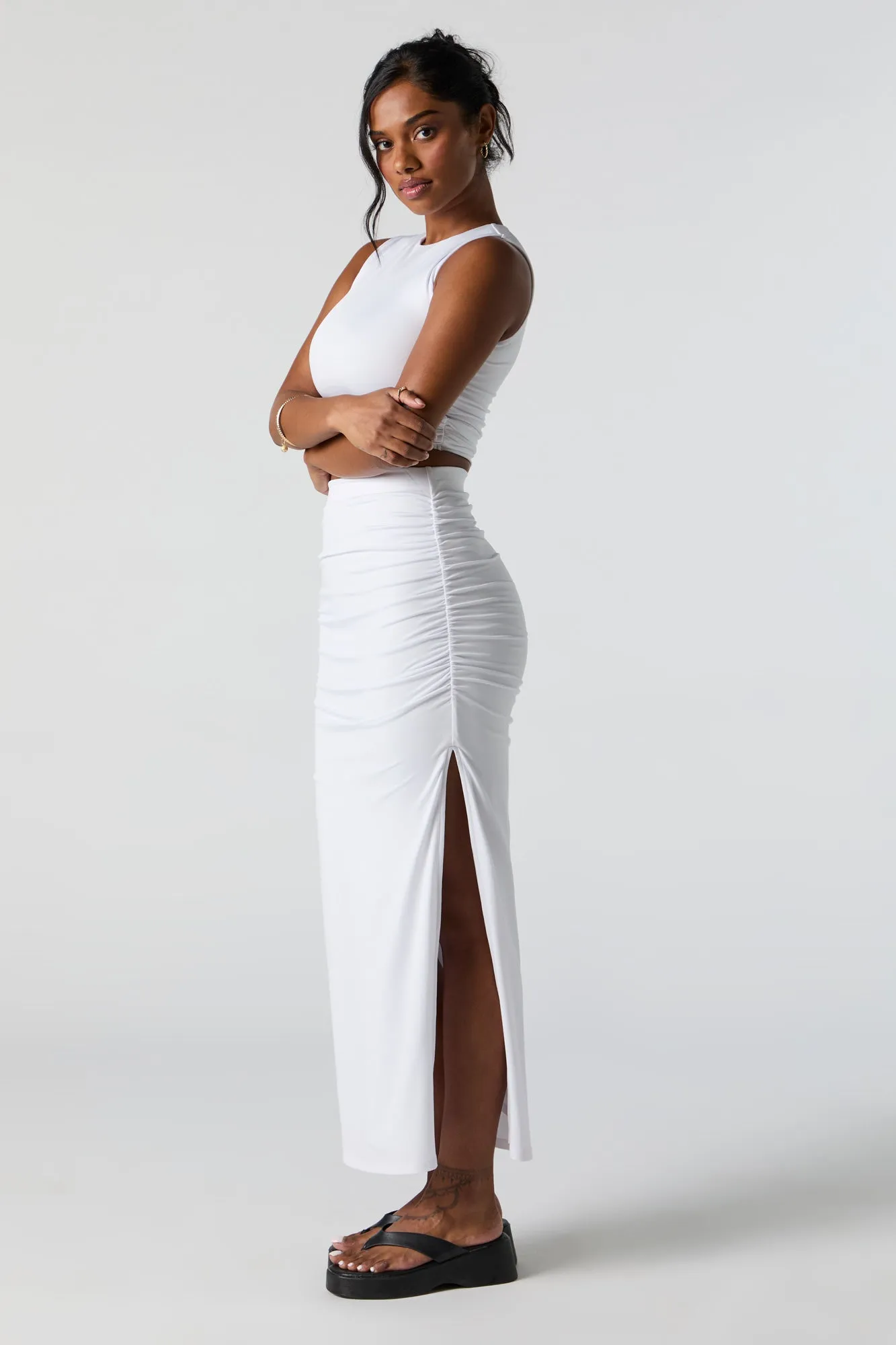 Contour Ruched Slit Midi Skirt