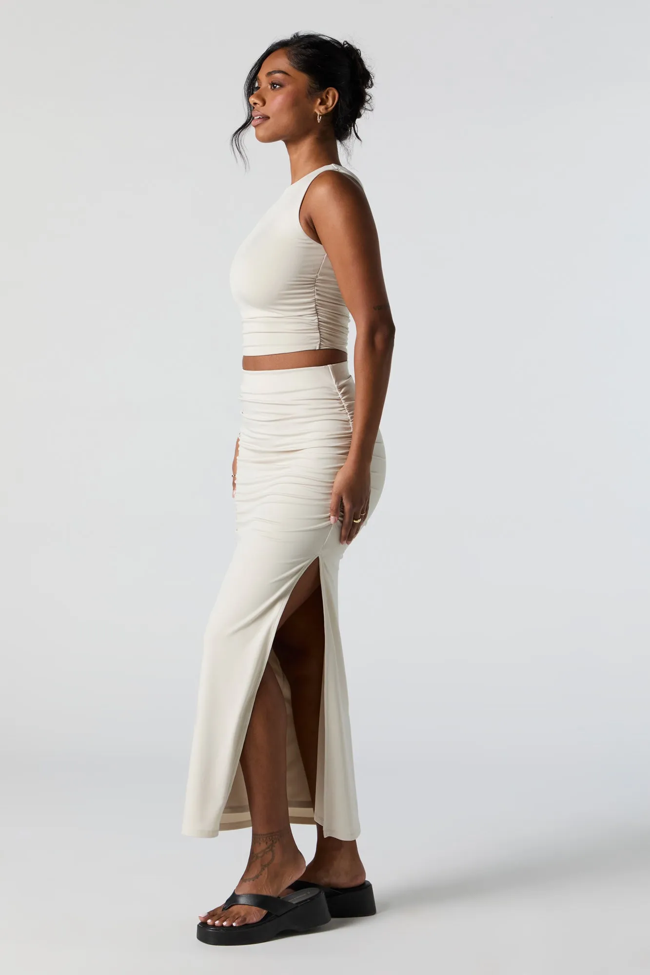 Contour Ruched Slit Midi Skirt