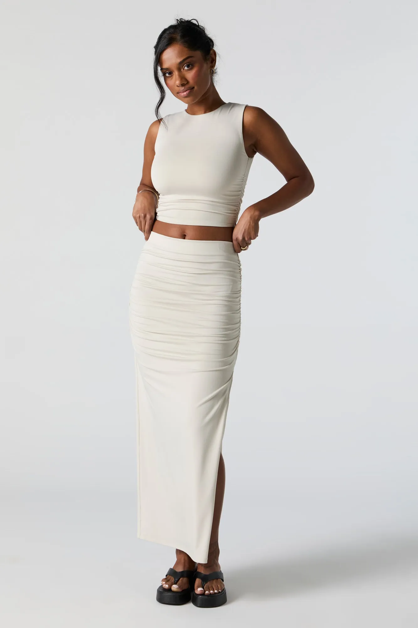 Contour Ruched Slit Midi Skirt