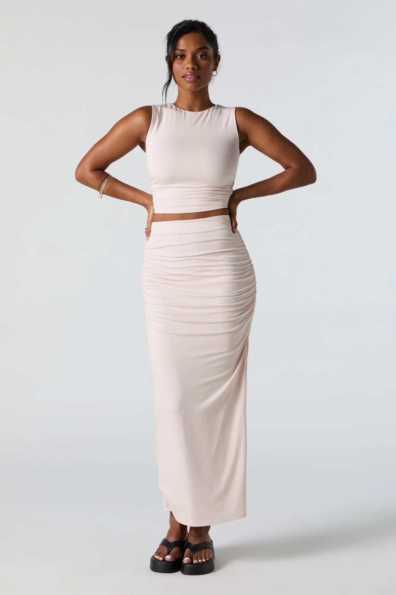 Contour Ruched Slit Midi Skirt