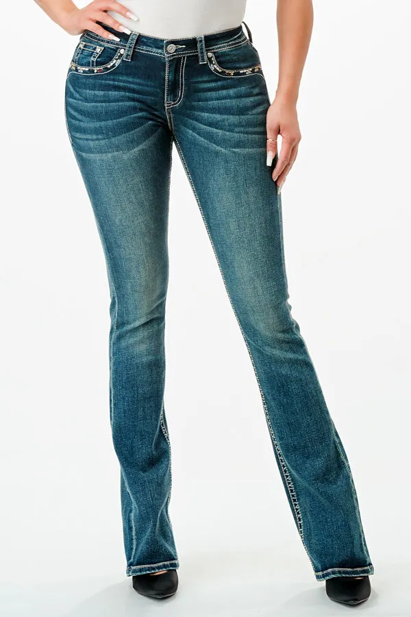 Cross Embellished Mid Rise Bootcut Jeans