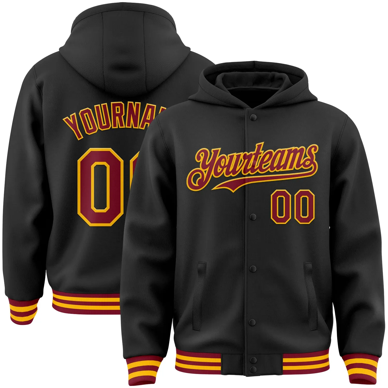 Custom Black Crimson-Gold Bomber Full-Snap Varsity Letterman Hoodie Jacket