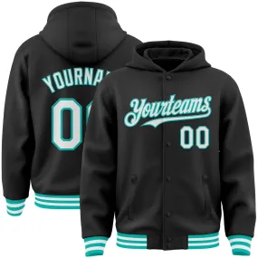 Custom Black White-Aqua Bomber Full-Snap Varsity Letterman Hoodie Jacket