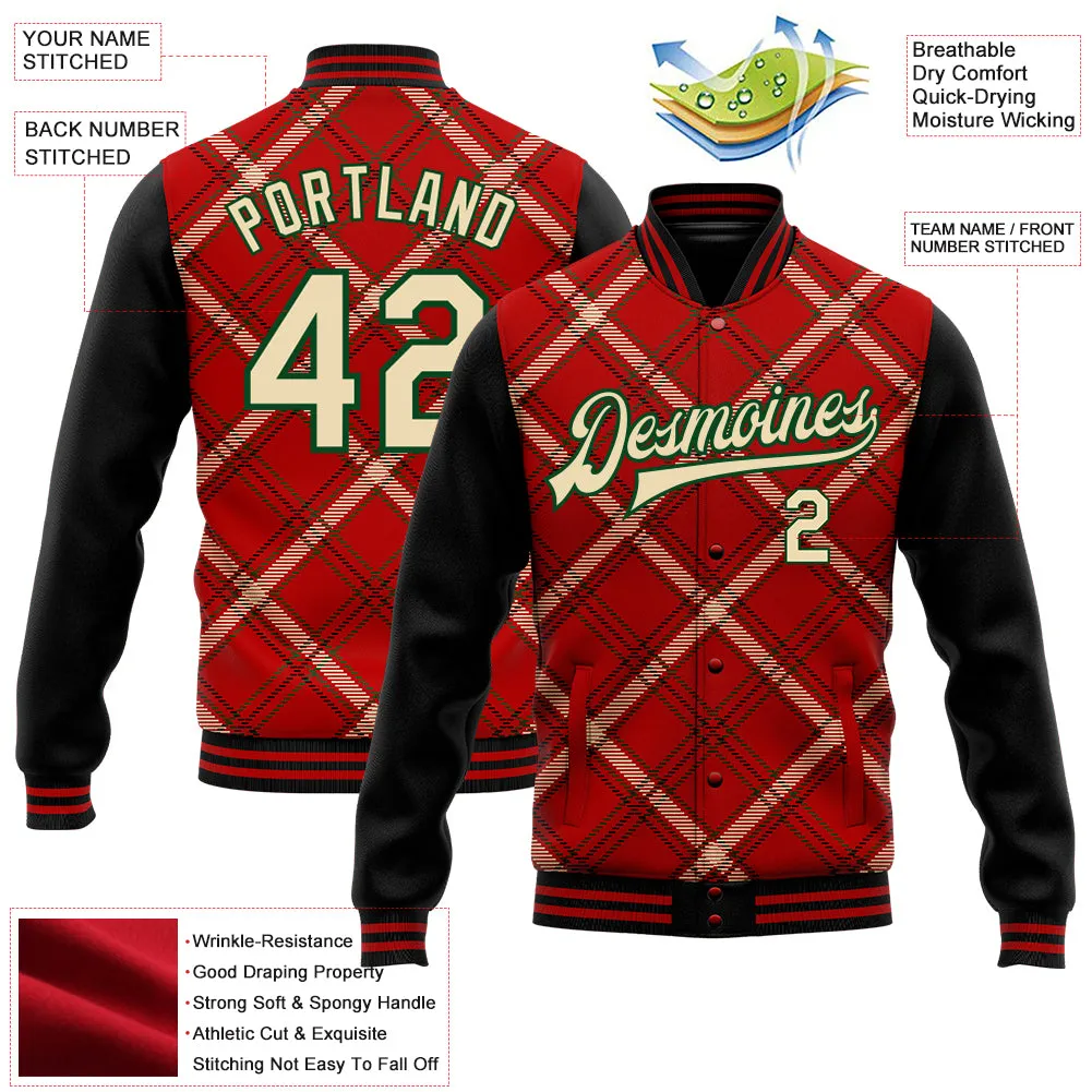 Custom Red City Cream Black-Green Check Board 3D Pattern Design Bomber Full-Snap Varsity Letterman Jacket