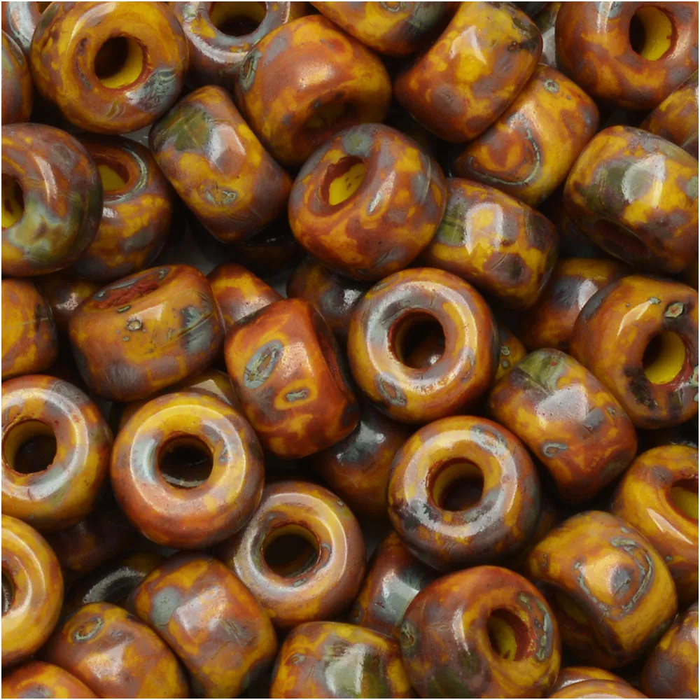 Czech Glass Matubo, 2/0 Seed Bead, Yellow Dark Travertine (20 Gram Tube)