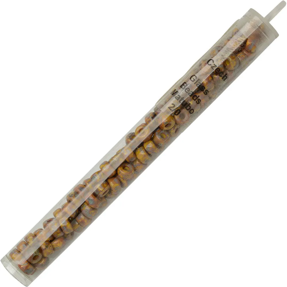 Czech Glass Matubo, 2/0 Seed Bead, Yellow Dark Travertine (20 Gram Tube)