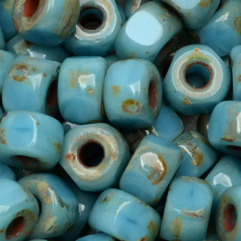 Czech Glass Matubo, Tri-Cut 2/0 Seed Bead, Turquoise Blue Dark Travertine (20 Gram Tube)