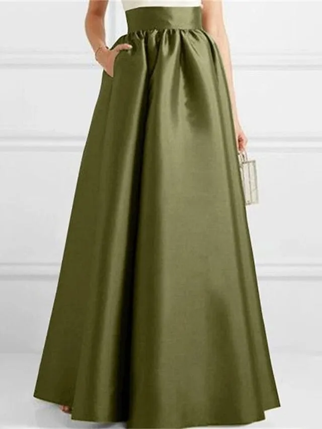 Elegant Satin A-Line Maxi Skirt with Pockets in Green, Black, and Red for Fall & Winter Parties (M L XL)