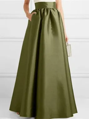 Elegant Satin A-Line Maxi Skirt with Pockets in Green, Black, and Red for Fall & Winter Parties (M L XL)