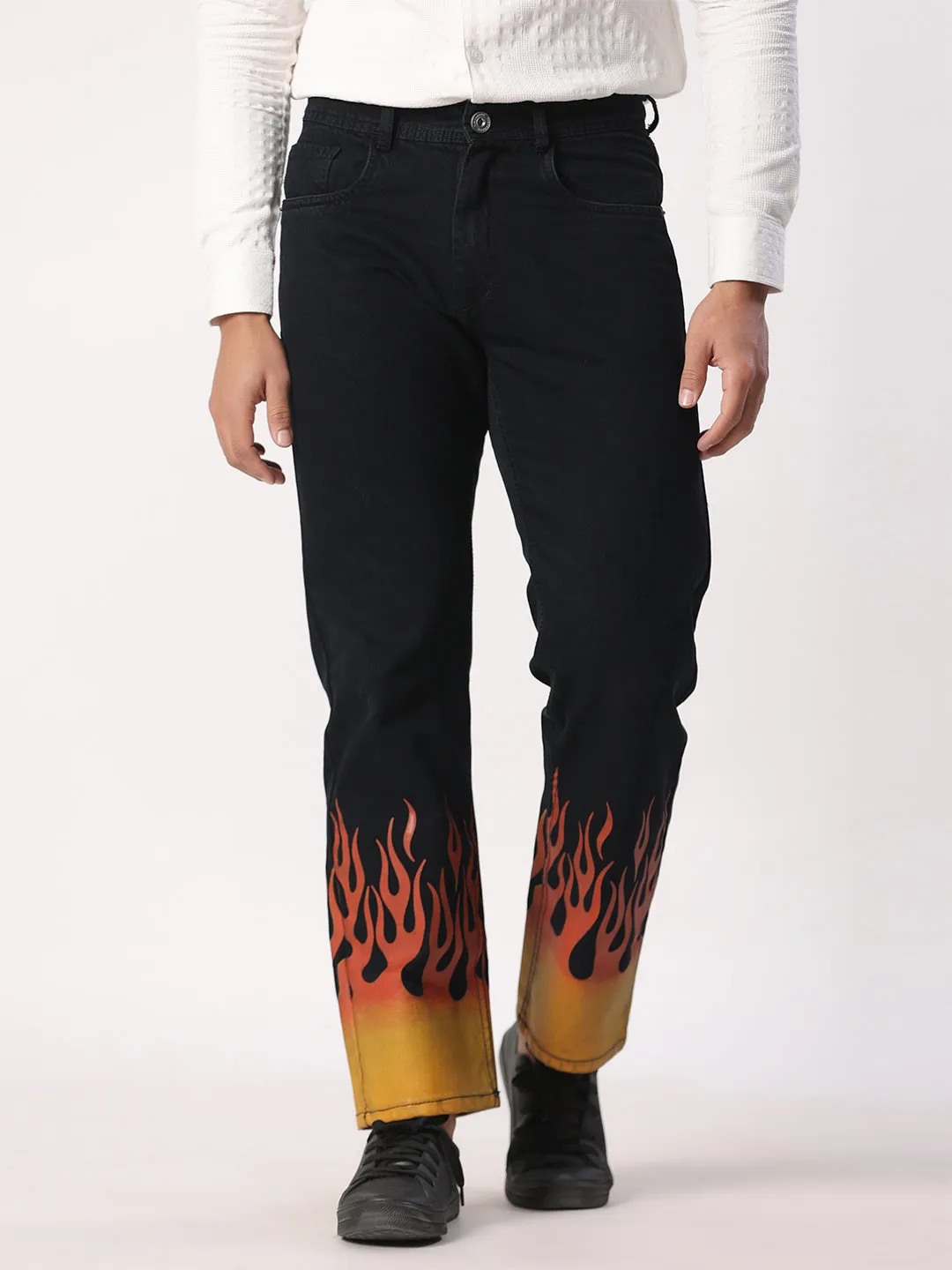 Flame Printed Straight Fit Black Denim Jeans