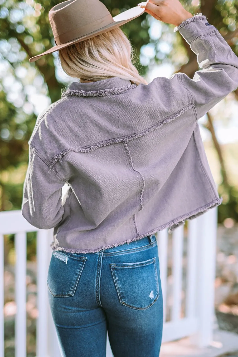 Francesca Frayed Trim Snap Down Denim Jacket