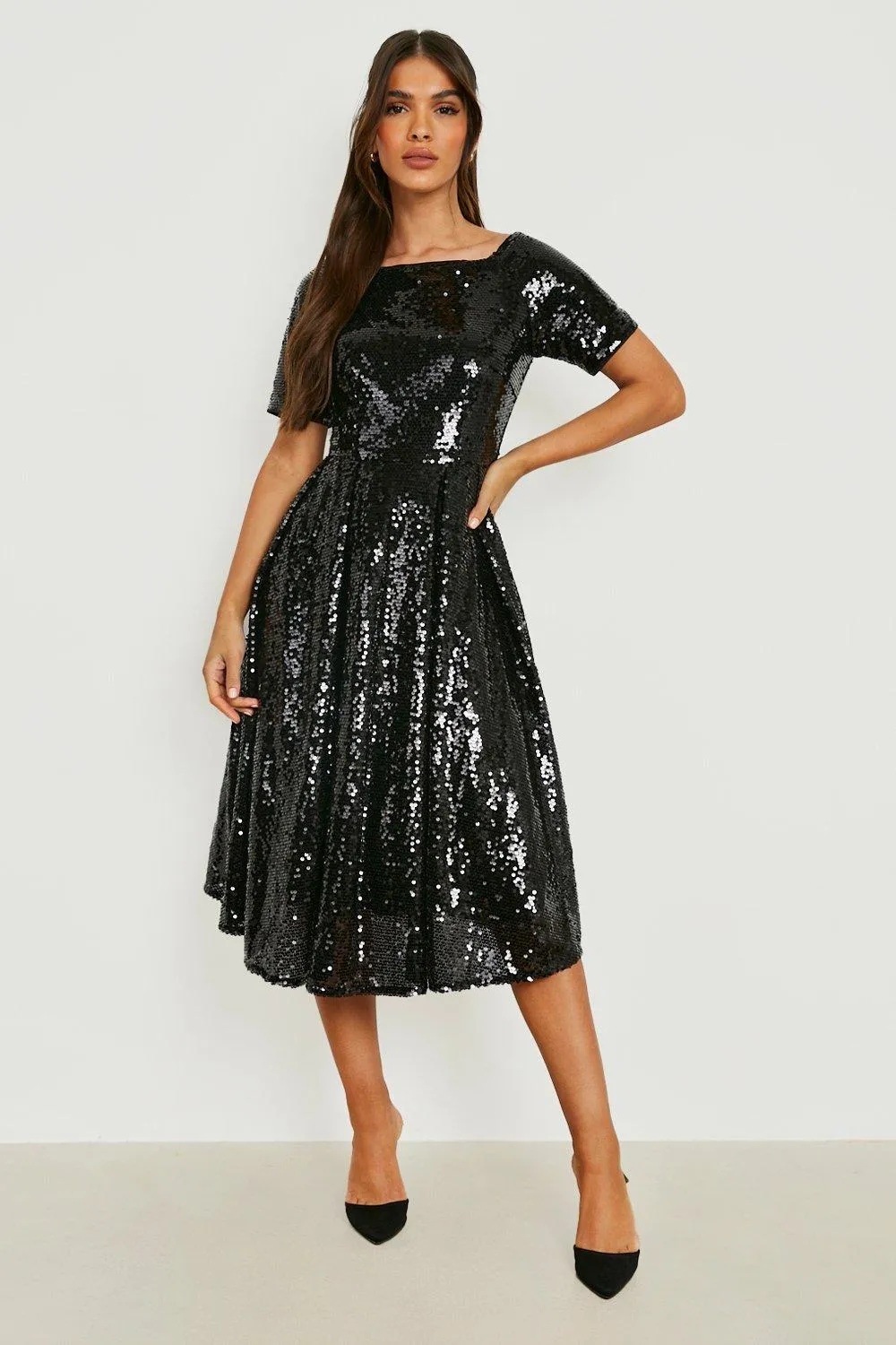 Full Skirted Sequin Midi Party Dress