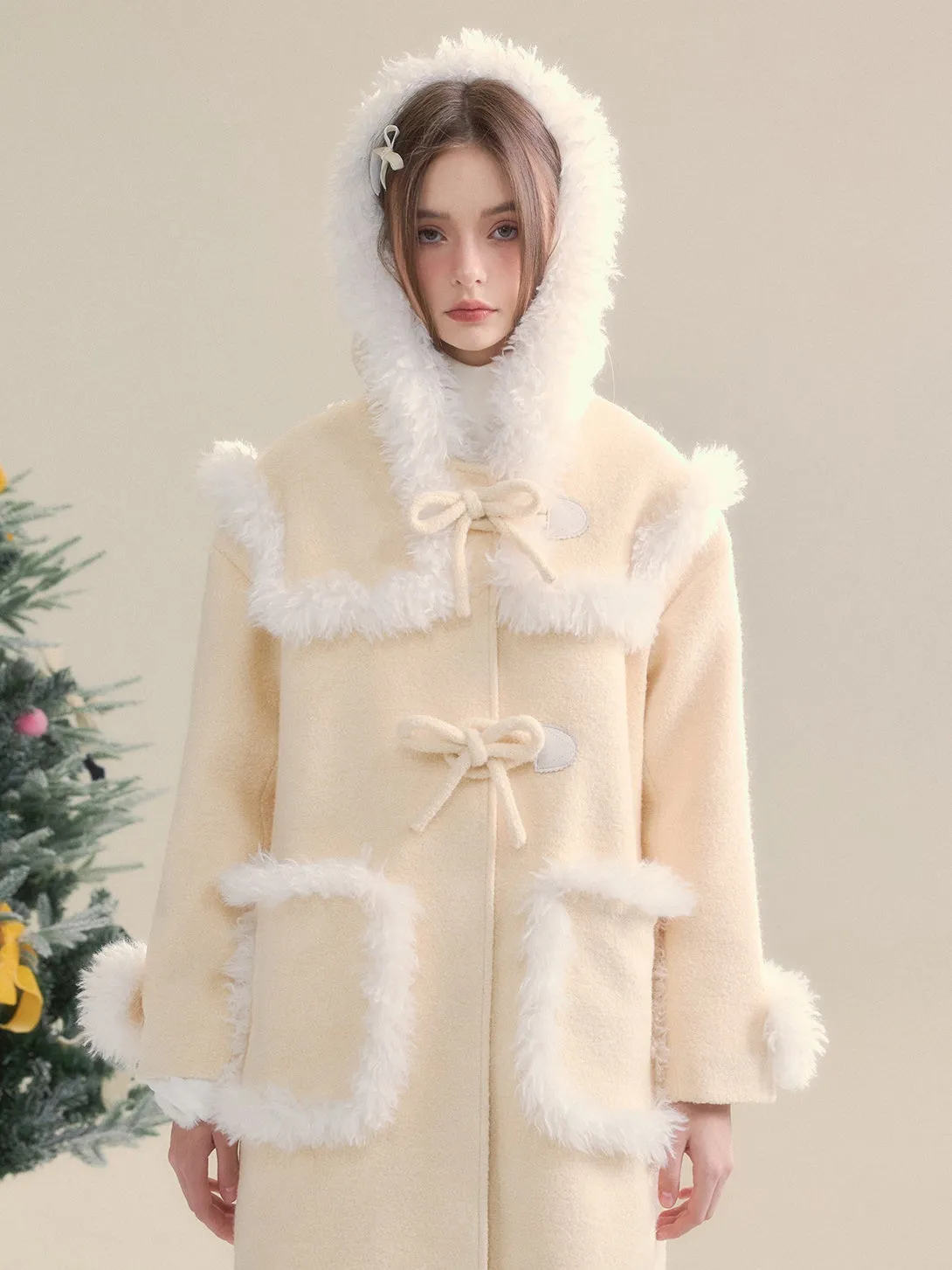 Fur Stitch Girly Bow Button Hooded Coat